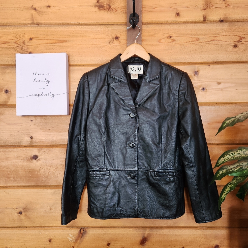Clio Vintage Black Leather Notch Blazer Button Jacket Lined Pockets Petite Sz M